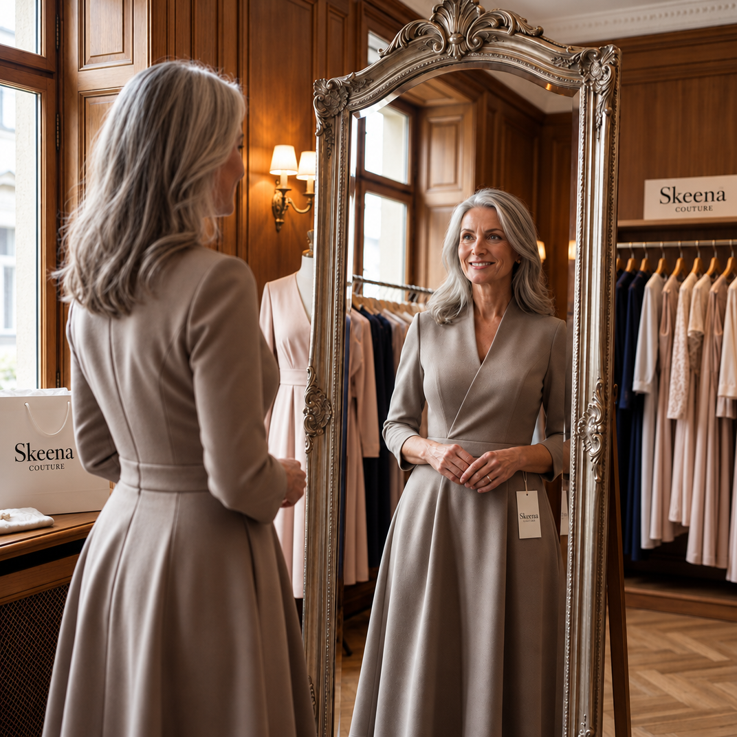 Customer trying on a Skeena Couture dress